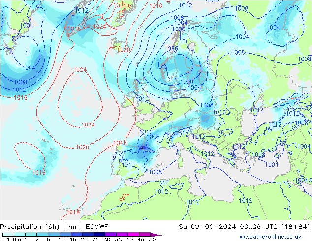 Totale neerslag (6h) ECMWF zo 09.06.2024 06 UTC