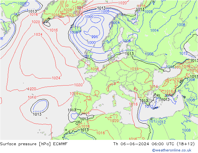 Pressione al suolo ECMWF gio 06.06.2024 06 UTC