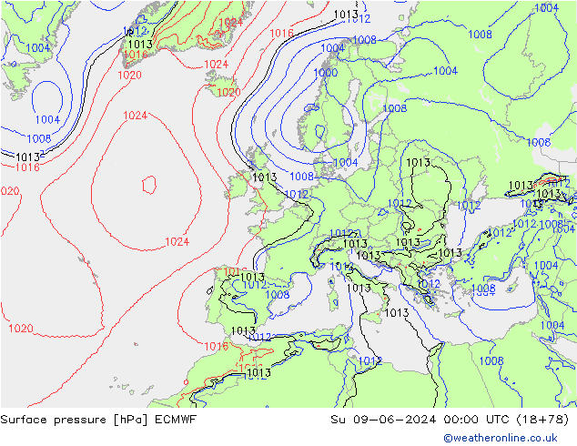 Luchtdruk (Grond) ECMWF zo 09.06.2024 00 UTC