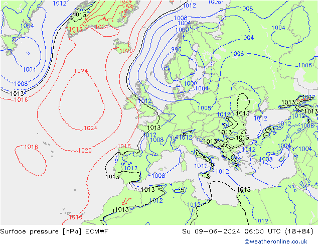 Atmosférický tlak ECMWF Ne 09.06.2024 06 UTC