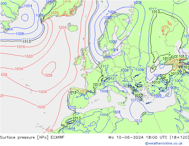 pressão do solo ECMWF Seg 10.06.2024 18 UTC