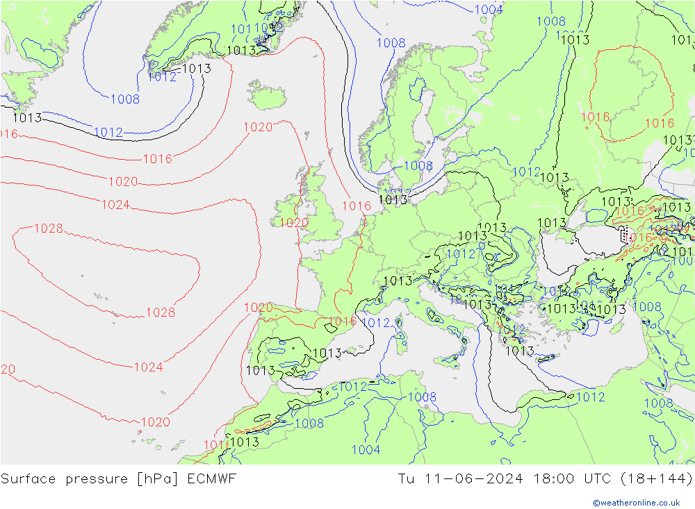 Surface pressure ECMWF Tu 11.06.2024 18 UTC