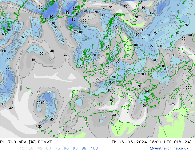 RH 700 hPa ECMWF Th 06.06.2024 18 UTC