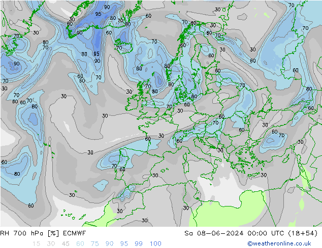 RH 700 hPa ECMWF Sáb 08.06.2024 00 UTC