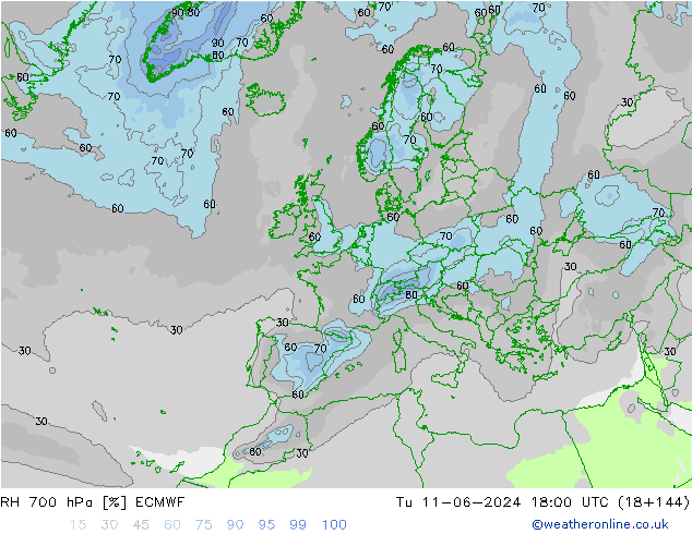 RH 700 hPa ECMWF Tu 11.06.2024 18 UTC