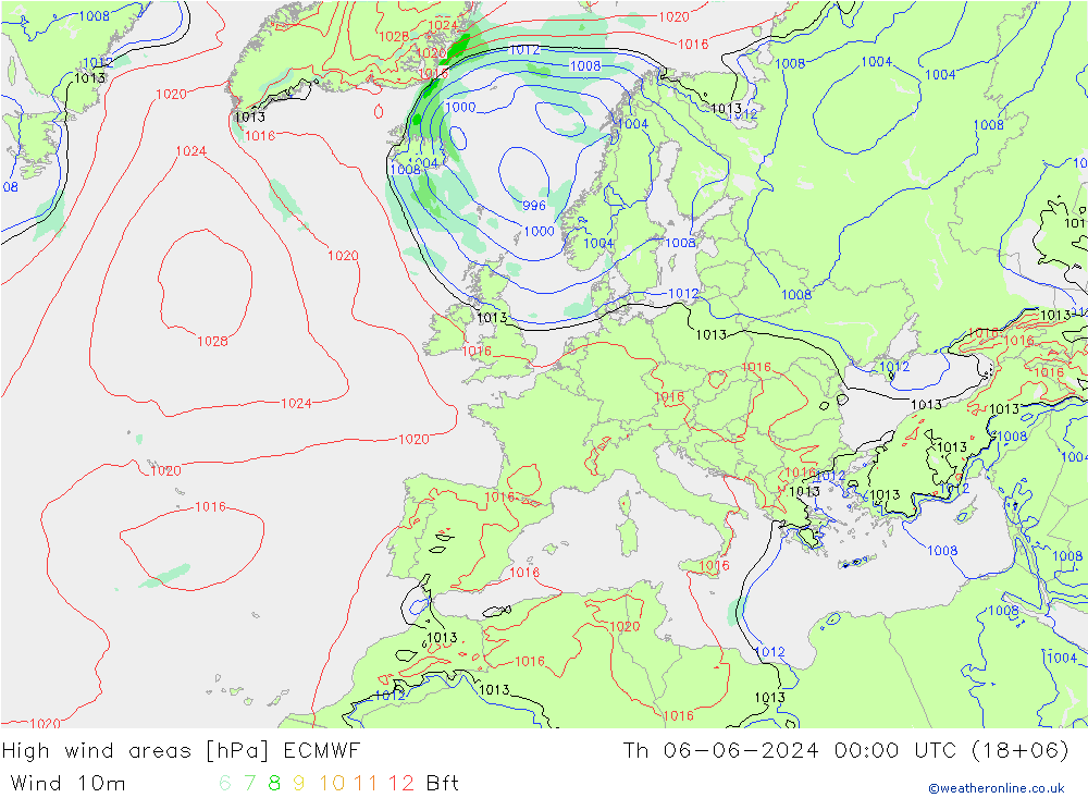 High wind areas ECMWF Čt 06.06.2024 00 UTC