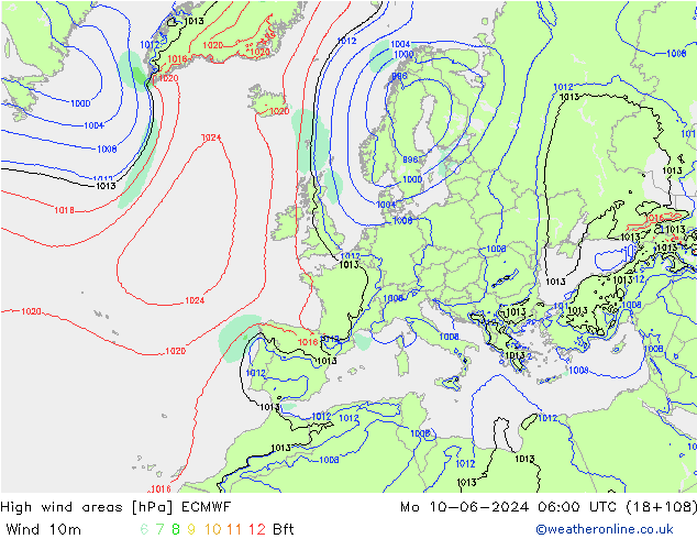 Izotacha ECMWF pon. 10.06.2024 06 UTC