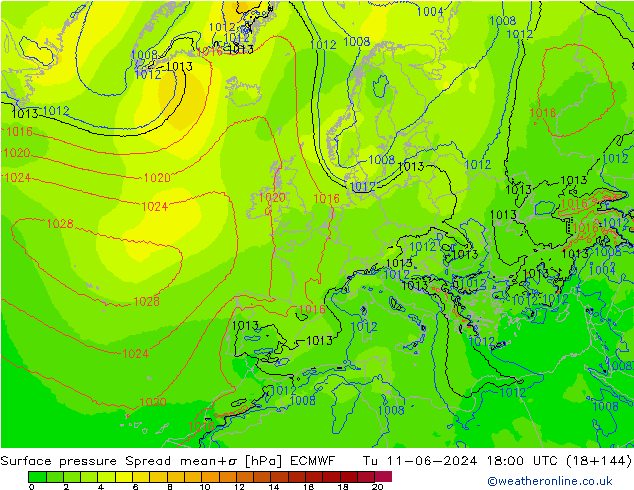 Luchtdruk op zeeniveau Spread ECMWF di 11.06.2024 18 UTC