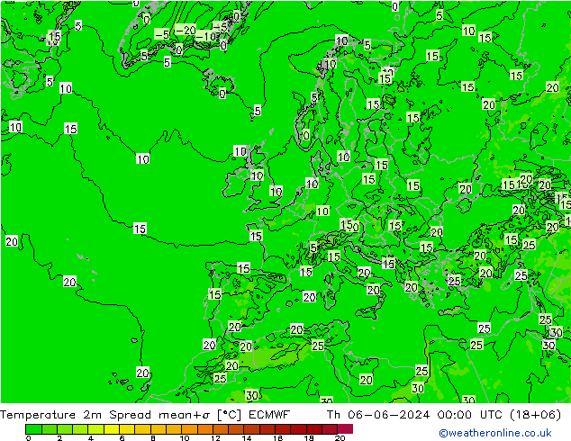 mapa temperatury 2m Spread ECMWF czw. 06.06.2024 00 UTC