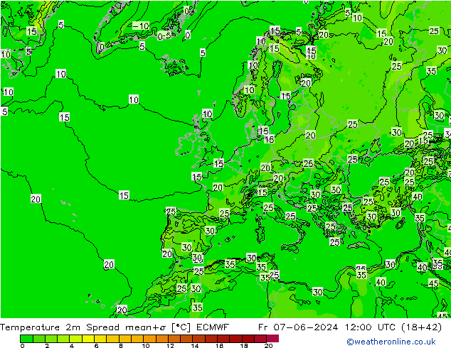 Temperatura 2m Spread ECMWF vie 07.06.2024 12 UTC