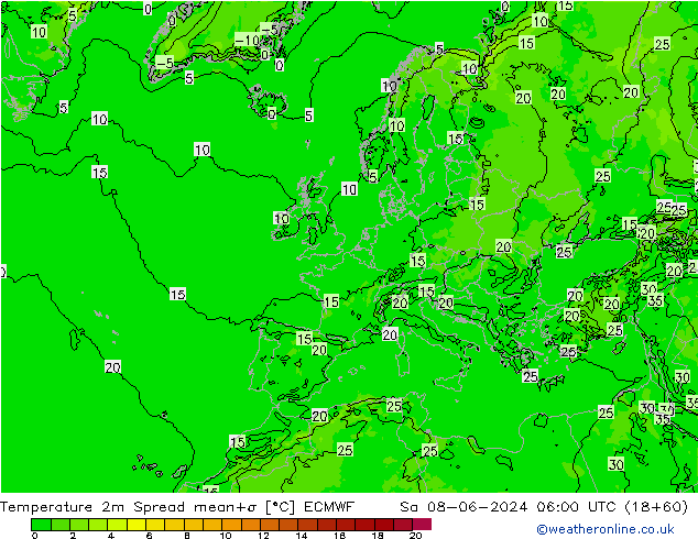 Temperatura 2m Spread ECMWF sab 08.06.2024 06 UTC