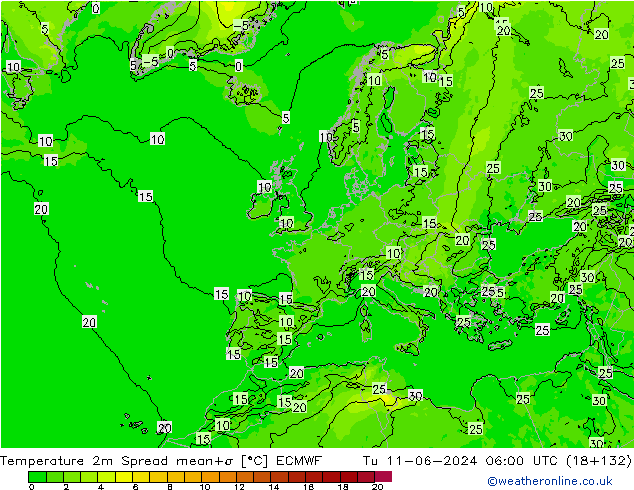 Temperatura 2m Spread ECMWF mar 11.06.2024 06 UTC