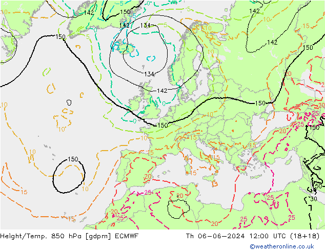 Height/Temp. 850 hPa ECMWF Th 06.06.2024 12 UTC