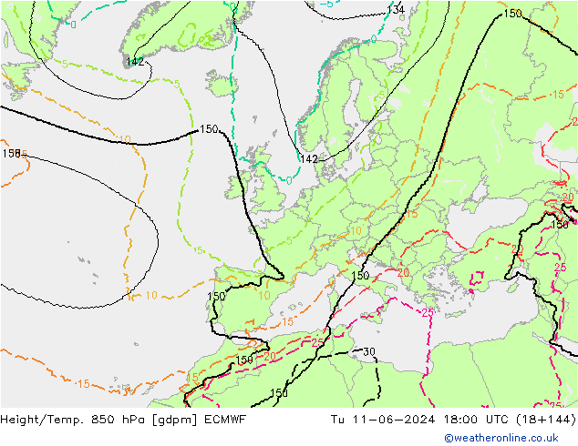 Height/Temp. 850 гПа ECMWF вт 11.06.2024 18 UTC