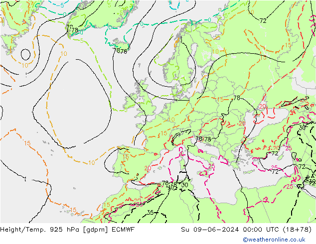 Hoogte/Temp. 925 hPa ECMWF zo 09.06.2024 00 UTC