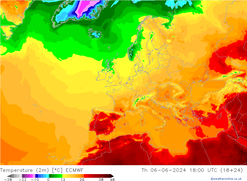 Temperatura (2m) ECMWF jue 06.06.2024 18 UTC