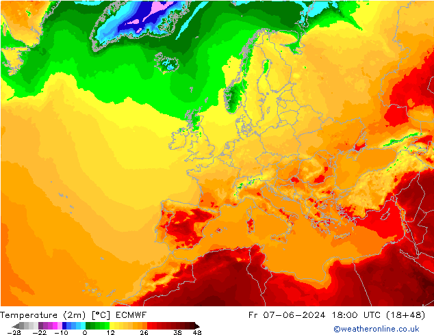 Temperature (2m) ECMWF Pá 07.06.2024 18 UTC