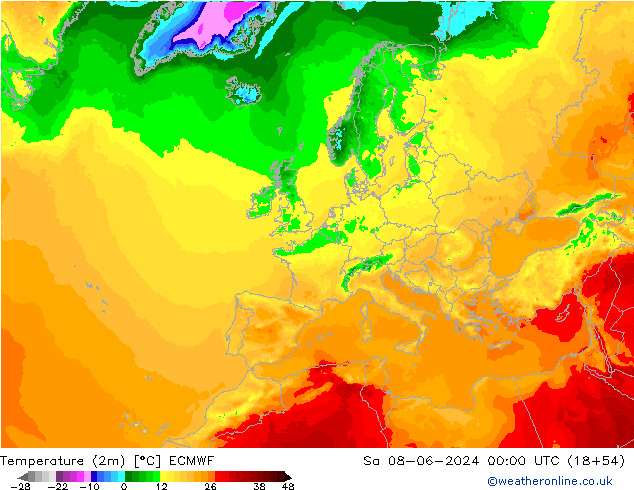 Temperature (2m) ECMWF Sa 08.06.2024 00 UTC