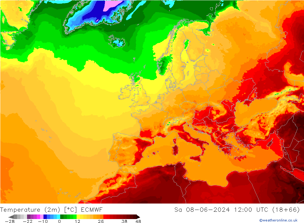 mapa temperatury (2m) ECMWF so. 08.06.2024 12 UTC