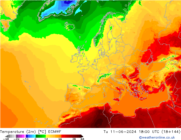 Temperatuurkaart (2m) ECMWF di 11.06.2024 18 UTC