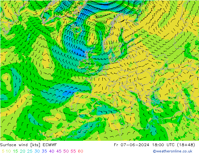 Rüzgar 10 m ECMWF Cu 07.06.2024 18 UTC