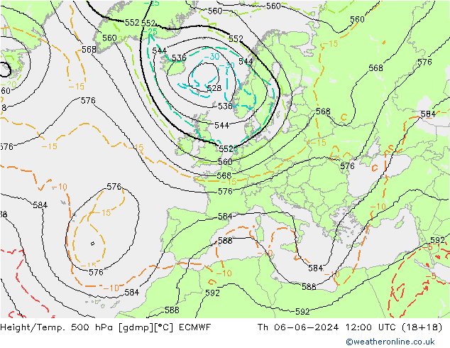 Height/Temp. 500 hPa ECMWF Qui 06.06.2024 12 UTC