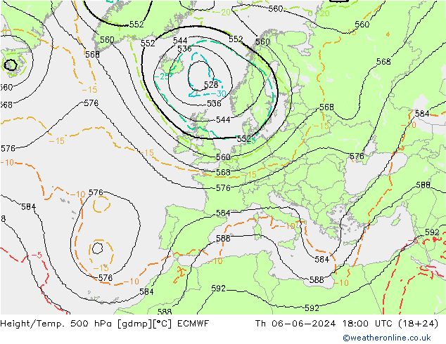 Height/Temp. 500 hPa ECMWF Čt 06.06.2024 18 UTC