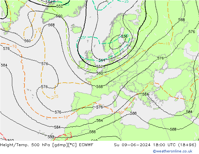 Hoogte/Temp. 500 hPa ECMWF zo 09.06.2024 18 UTC