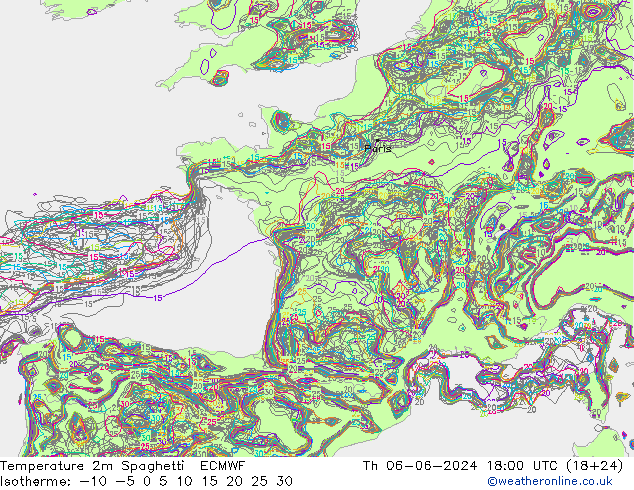 Temperatuurkaart Spaghetti ECMWF do 06.06.2024 18 UTC