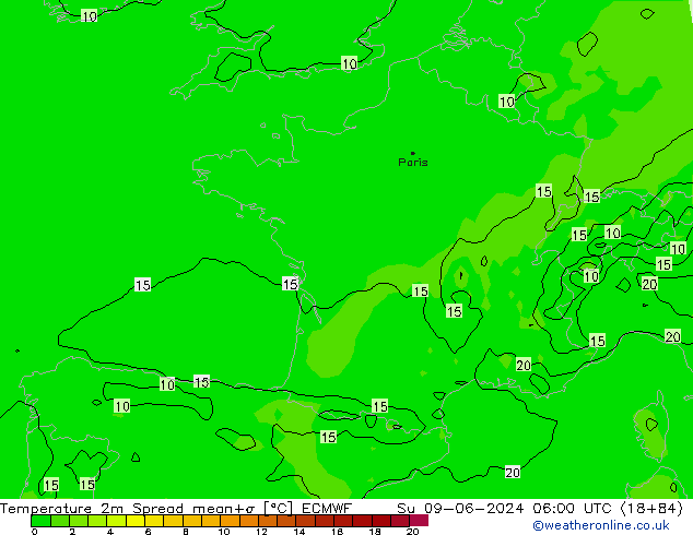 Temperatuurkaart Spread ECMWF zo 09.06.2024 06 UTC