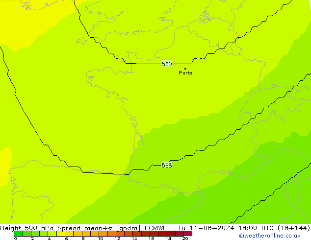 Height 500 hPa Spread ECMWF Tu 11.06.2024 18 UTC