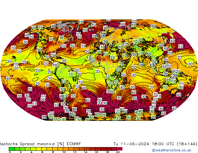 Isotachen Spread ECMWF Di 11.06.2024 18 UTC