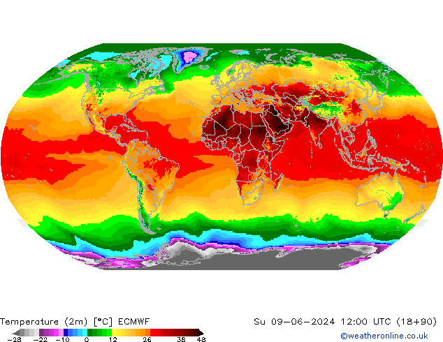 Temperatuurkaart (2m) ECMWF zo 09.06.2024 12 UTC