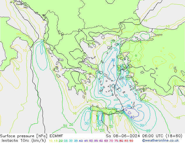 Isotachs (kph) ECMWF Sa 08.06.2024 06 UTC