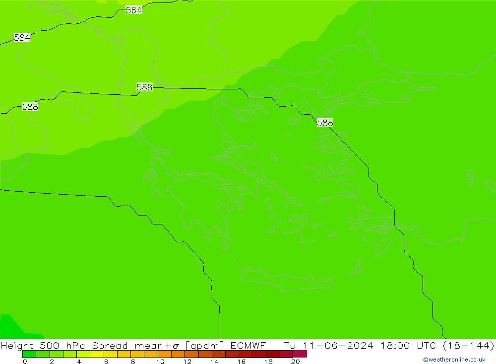 Height 500 гПа Spread ECMWF вт 11.06.2024 18 UTC