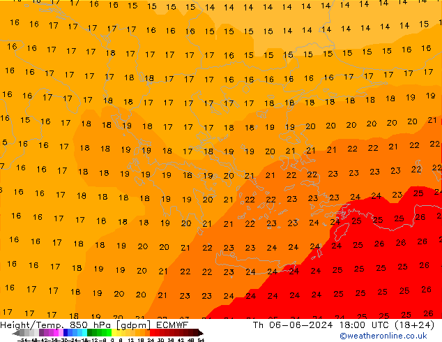 Geop./Temp. 850 hPa ECMWF jue 06.06.2024 18 UTC