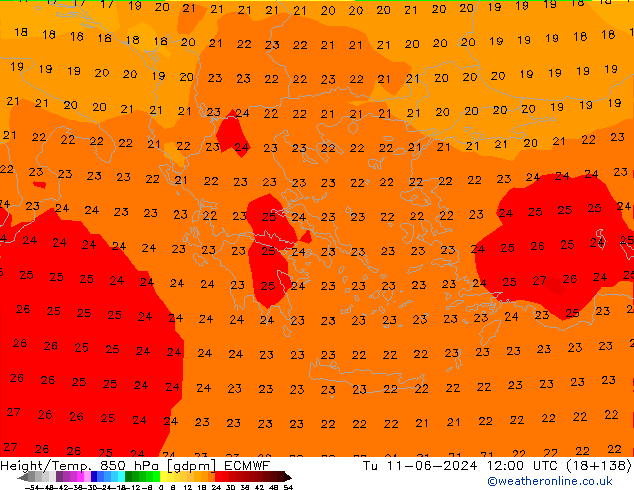 Hoogte/Temp. 850 hPa ECMWF di 11.06.2024 12 UTC