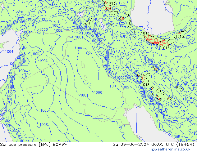 Atmosférický tlak ECMWF Ne 09.06.2024 06 UTC