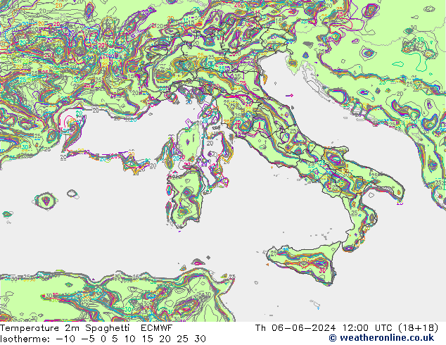 Temperatura 2m Spaghetti ECMWF gio 06.06.2024 12 UTC