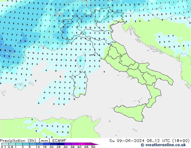 Totale neerslag (6h) ECMWF zo 09.06.2024 12 UTC