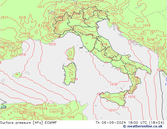 Presión superficial ECMWF jue 06.06.2024 18 UTC