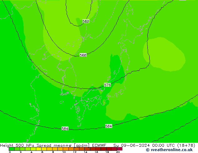 Hoogte 500 hPa Spread ECMWF zo 09.06.2024 00 UTC