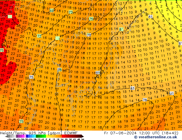 Hoogte/Temp. 925 hPa ECMWF vr 07.06.2024 12 UTC