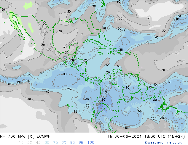 RH 700 hPa ECMWF Čt 06.06.2024 18 UTC