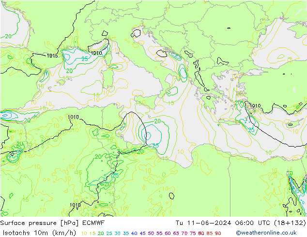 Isotachs (kph) ECMWF Tu 11.06.2024 06 UTC