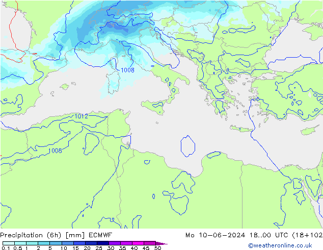 Precipitation (6h) ECMWF Mo 10.06.2024 00 UTC