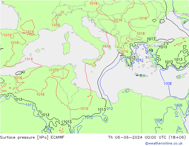 Presión superficial ECMWF jue 06.06.2024 00 UTC