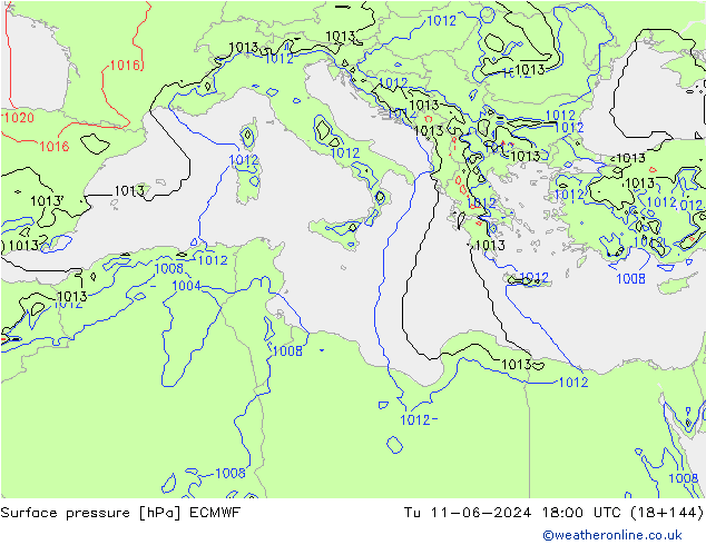 Surface pressure ECMWF Tu 11.06.2024 18 UTC