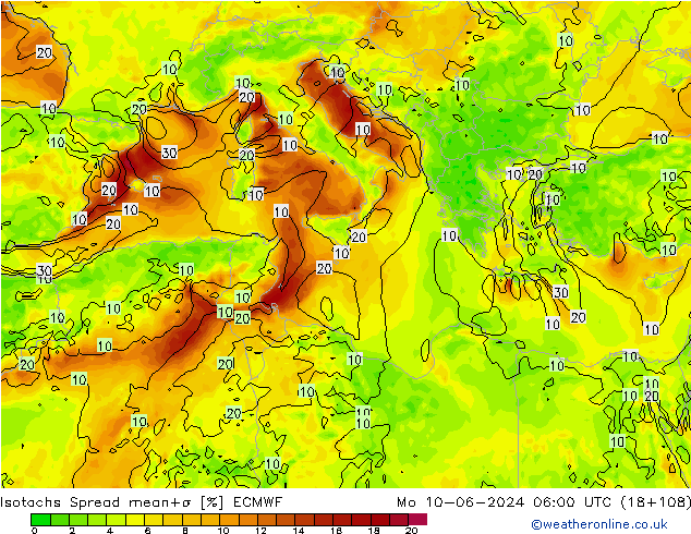 Isotachs Spread ECMWF Mo 10.06.2024 06 UTC