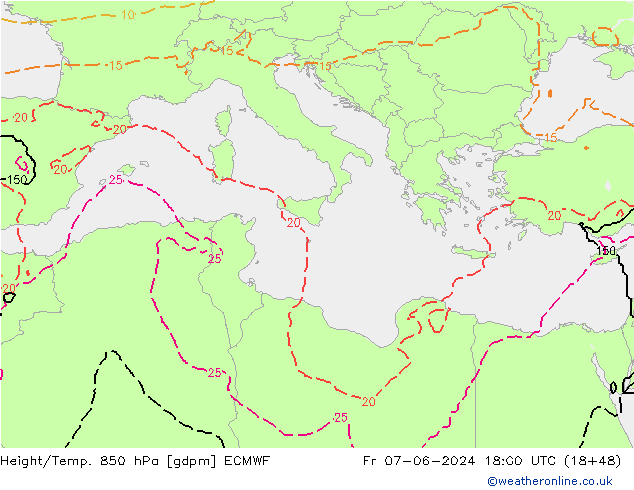 Height/Temp. 850 hPa ECMWF Fr 07.06.2024 18 UTC